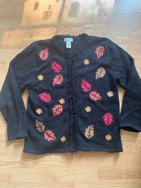Vintage K.B. Collections Embroidered Fall Leaves Cardigan Black Cotton Ramie S